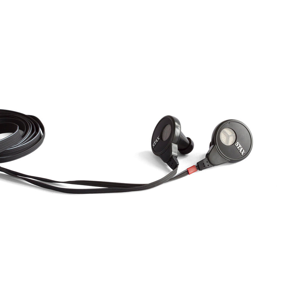 STAX SR-003 mk2 Electrostatic In-Ear Headphones with black design and coiled cable on white background