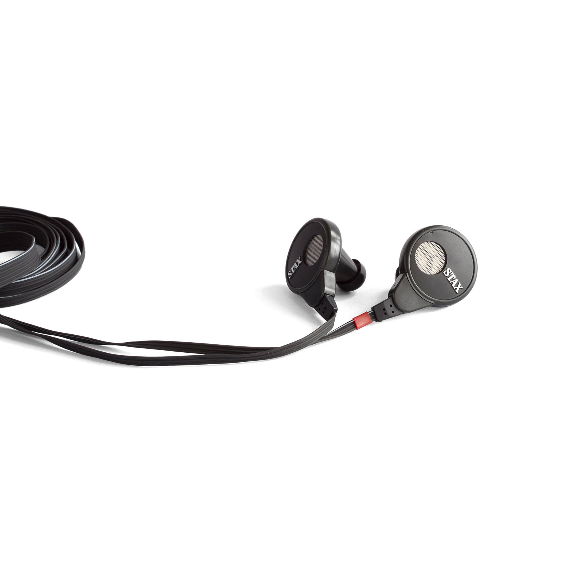 STAX SR-003 mk2 Electrostatic In-Ear Headphones with black design and coiled cable on white background