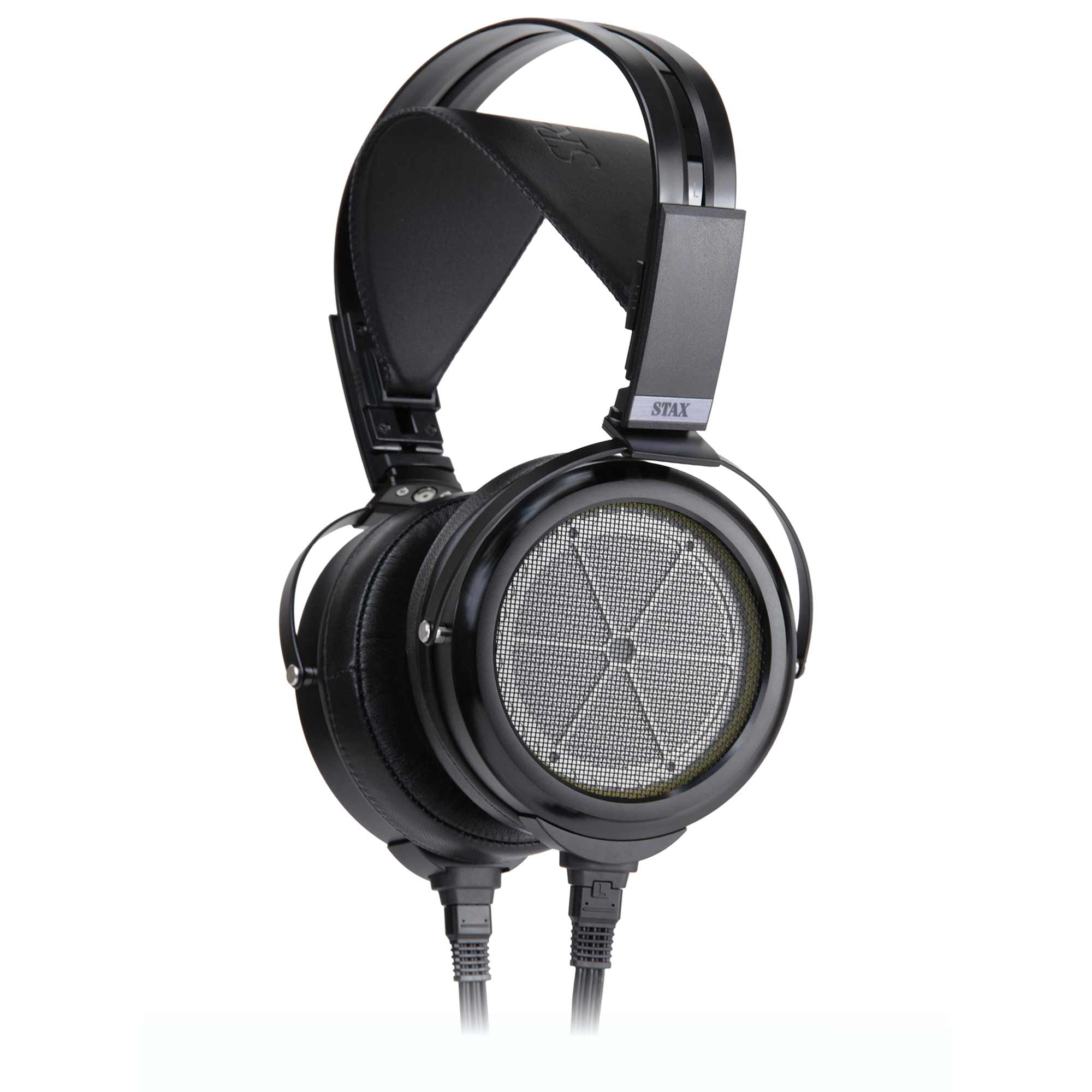 STAX SR-009D Open-Back Electrostatic Headphones in black with detachable cables shown on white background