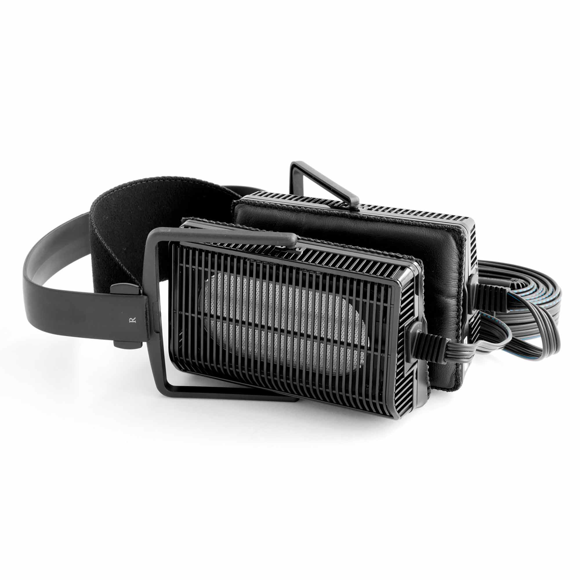 STAX SR-L300 Open-Back Electrostatic Headphones with black grille and cushioned ear pads on white background