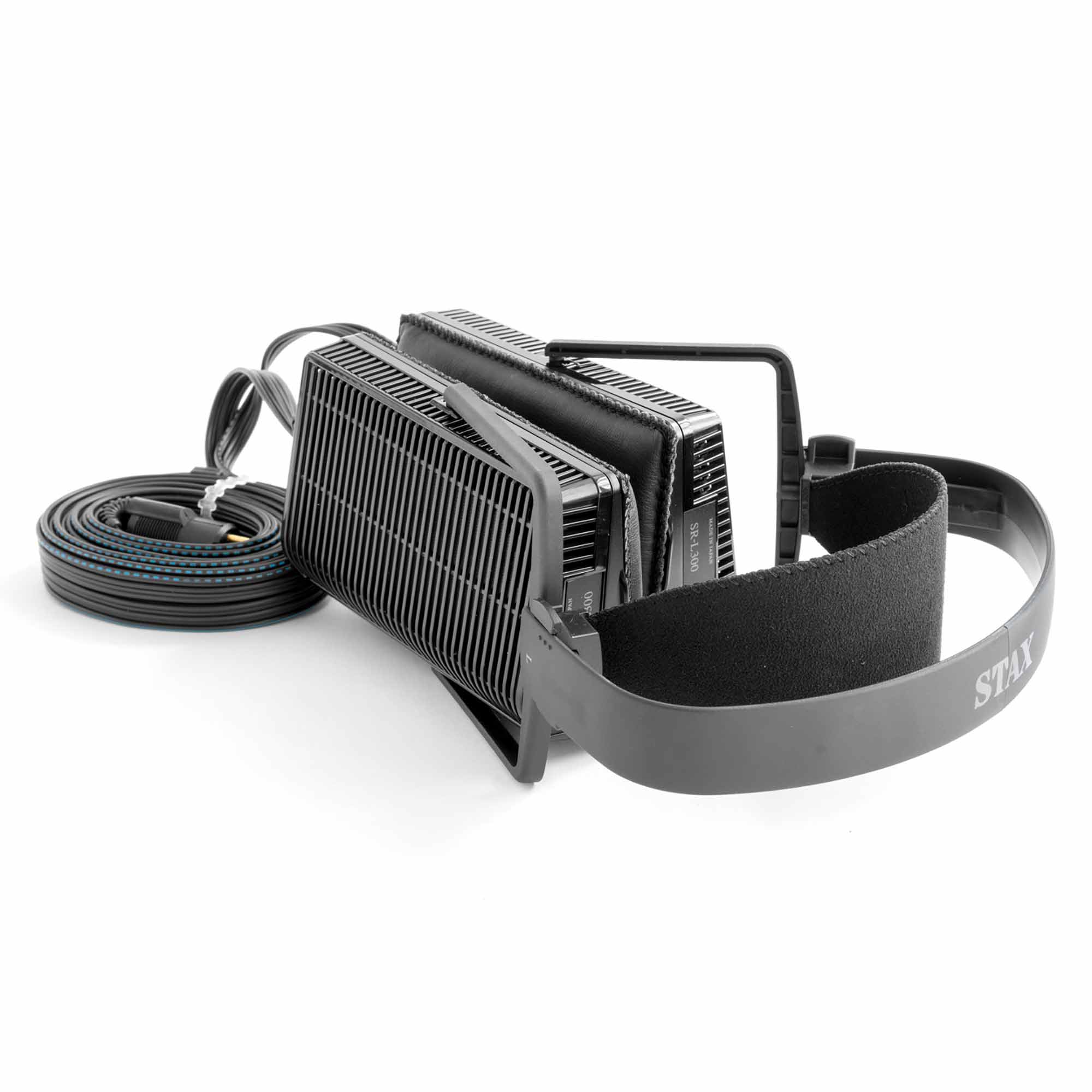 STAX SR-L300 Open-Back Electrostatic Headphones angled view showing grille design and attached coiled cable on white background