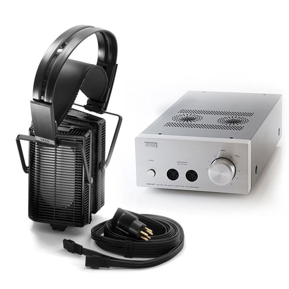 STAX SR-L500mk2 + SRM-500T Bundle with electrostatic headphones, vacuum tube amplifier, and connection cables on white background
