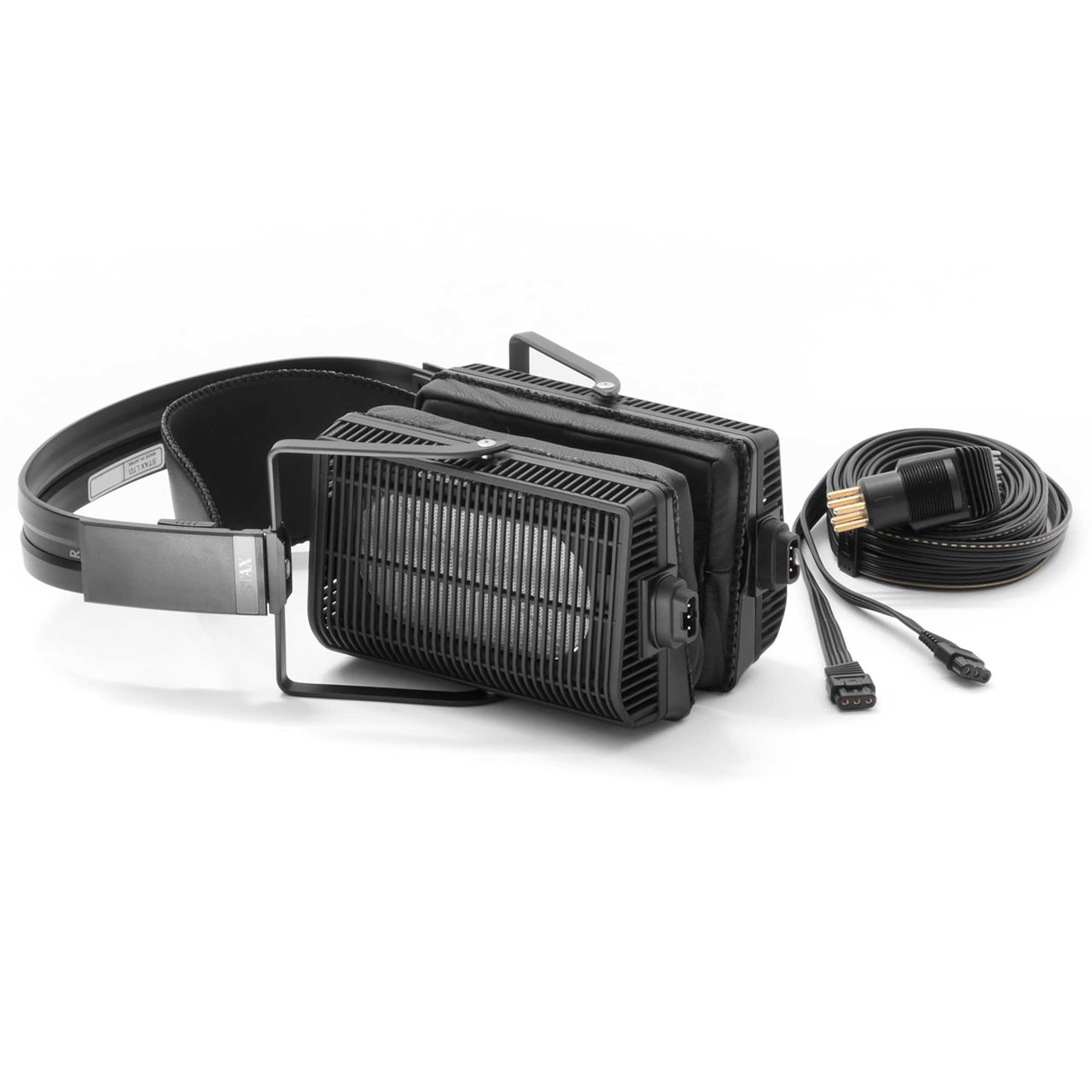 STAX SR-L700 MK2 Electrostatic Headphones with detachable cable and open-back driver design on white background