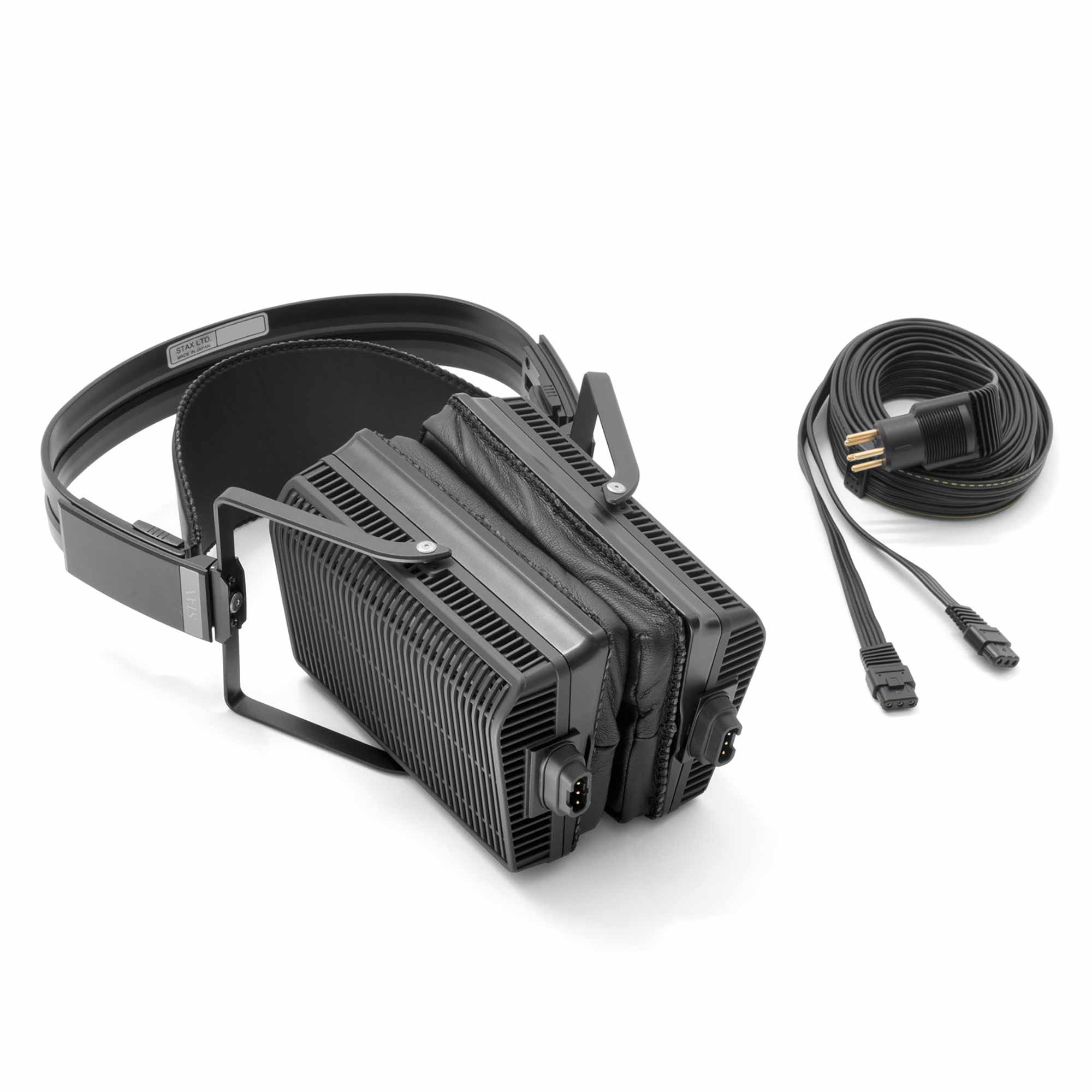 STAX SR-L700 MK2 Electrostatic Headphones with detachable cable shown on white background close-up view