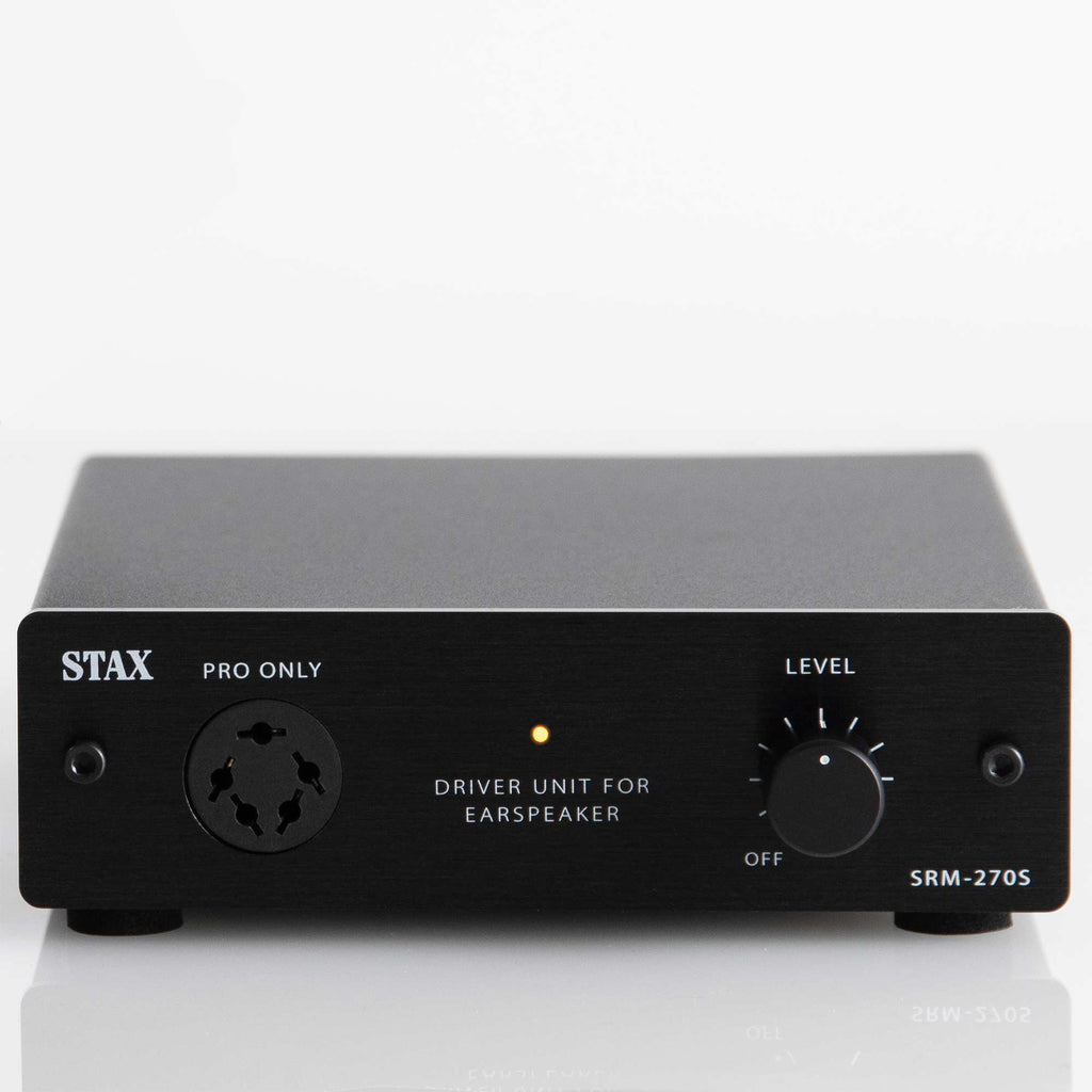 STAX SRM-270S Electrostatic Driver Unit front panel with level control knob and pro ear speaker connector on white background