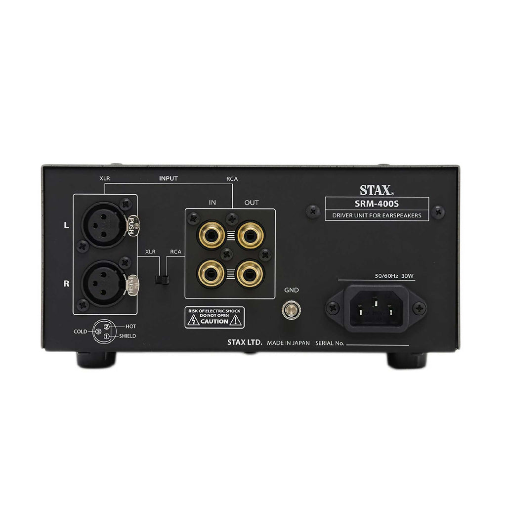 Rear panel view of the STAX SRM-400S Electrostatic Headphone Amplifier showing input and output connectors on white background