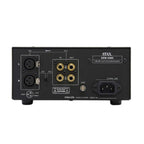 Rear panel view of the STAX SRM-400S Electrostatic Headphone Amplifier showing input and output connectors on white background
