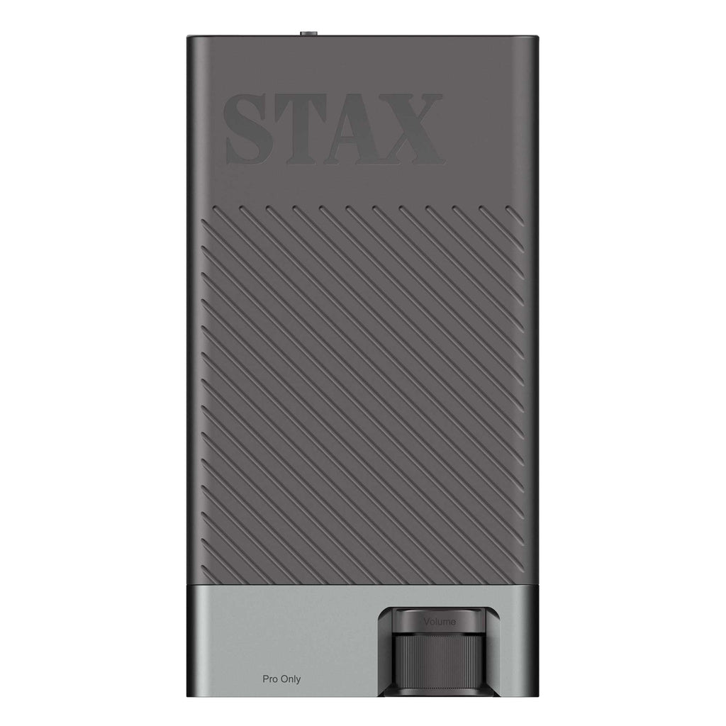 Top view of the STAX SRM-D10 mk2 Portable Electrostatic Headphone Amplifier / DAC in matte black finish with volume control knob