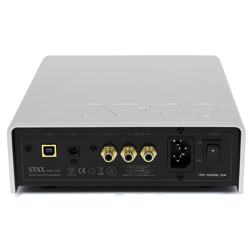 Rear view of the STAX SRM-D50 Electrostatic Headphone Amplifier / DAC showing input and power connections on a white background