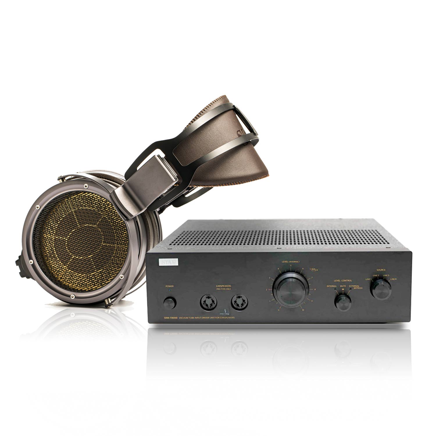 STAX Flagship Bundle SR-X9000 + SRM-T8000 with electrostatic headphones and amplifier on a white background