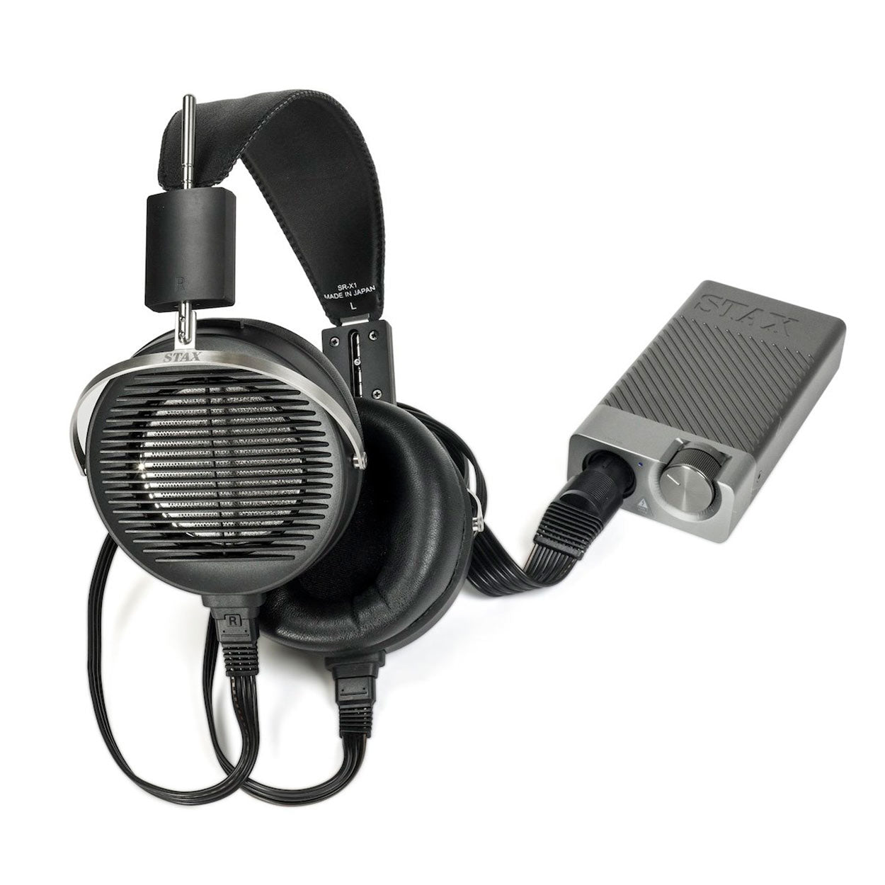 STAX SR-X1 + SRM-D10 mk2 Bundle electrostatic headphones with amplifier shown with padded ear cups and silver finish