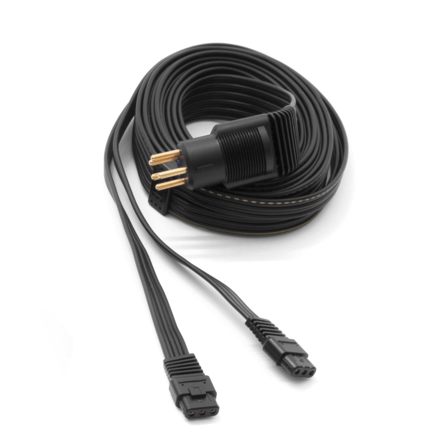 STAX Replacement Cable for SR-X9000 and SR-L700mk2 coiled black cable with triple pin connector and flat wire ends on white background