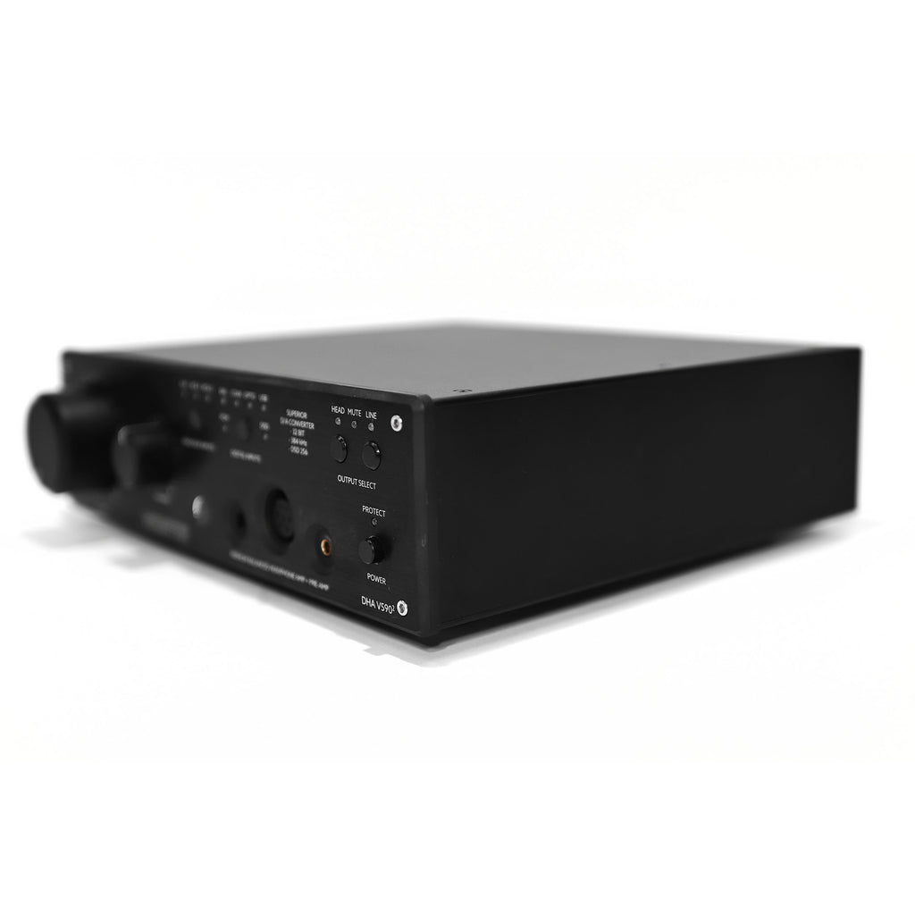 Black Violectric DHA V590² PRO Headphone Amplifier angled view showing control knobs and input ports on white background