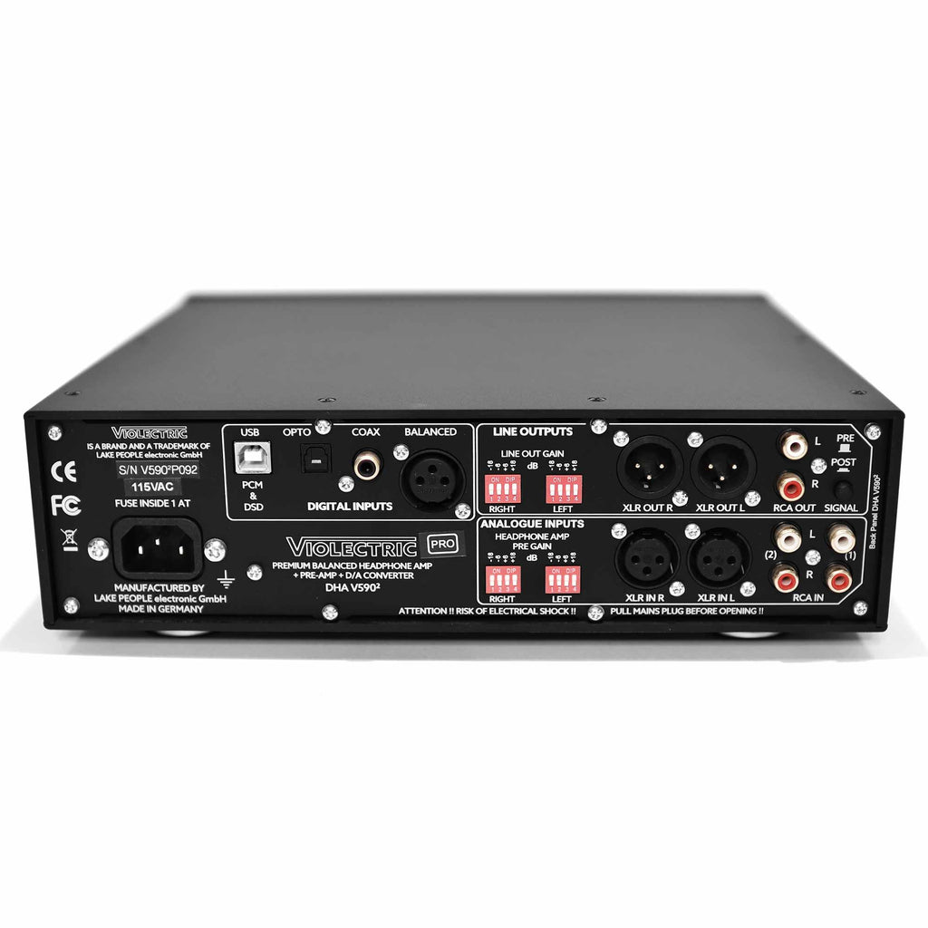 Rear view of Violectric DHA V590² PRO Headphone Amplifier showing digital inputs and analog connections on white background