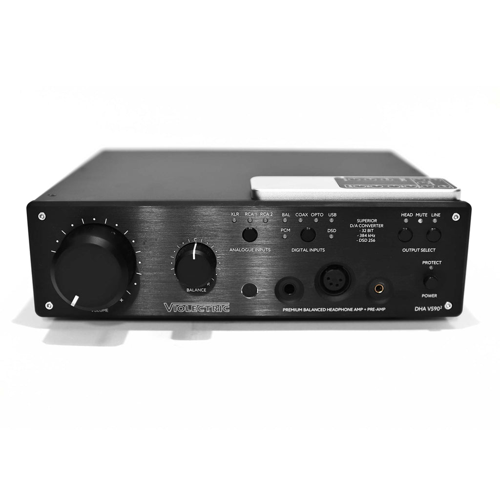 Violectric DHA V590² PRO Headphone Amplifier with black brushed metal front panel and control knobs on white background
