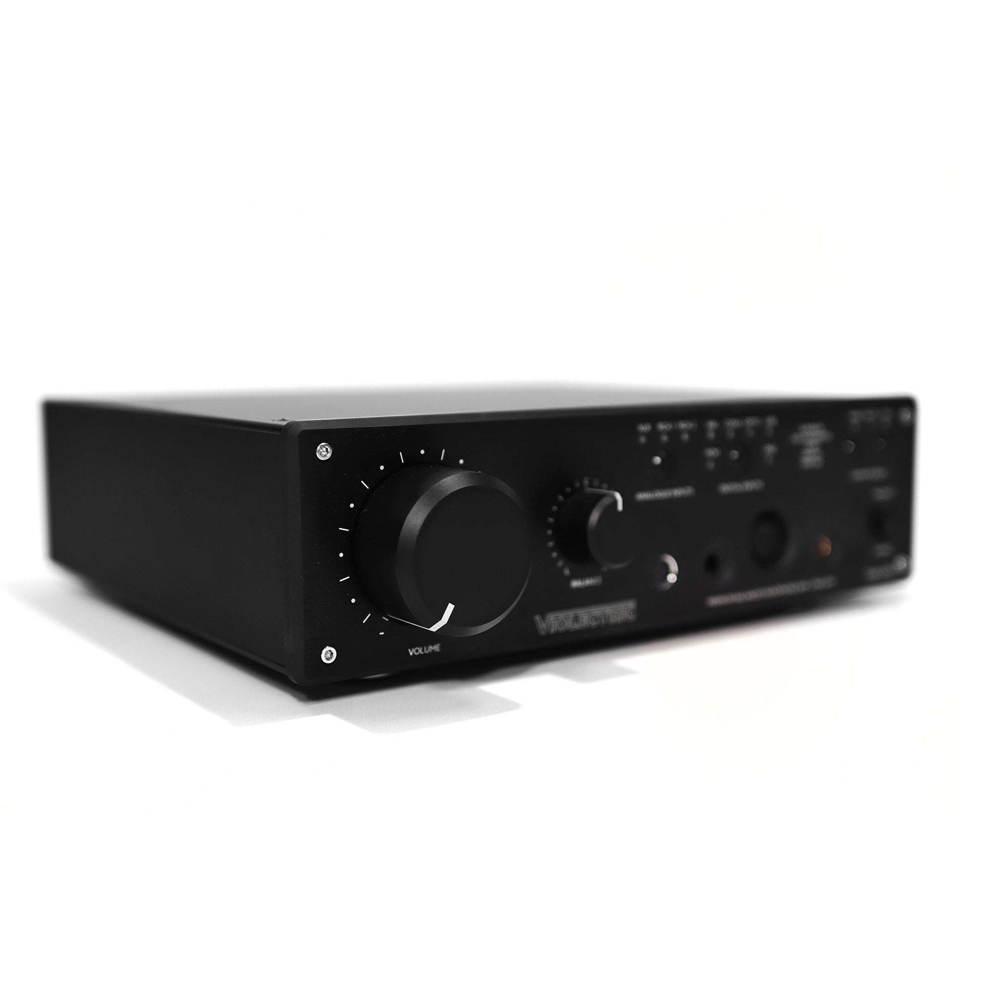 Violectric DHA V590² PRO Headphone Amplifier angled view showing volume knob and front panel controls on white background