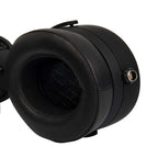 Close-up of the Warwick Acoustics BRAVURA Electrostatic Earspeaker System earcup showing black leather padding and connector port.