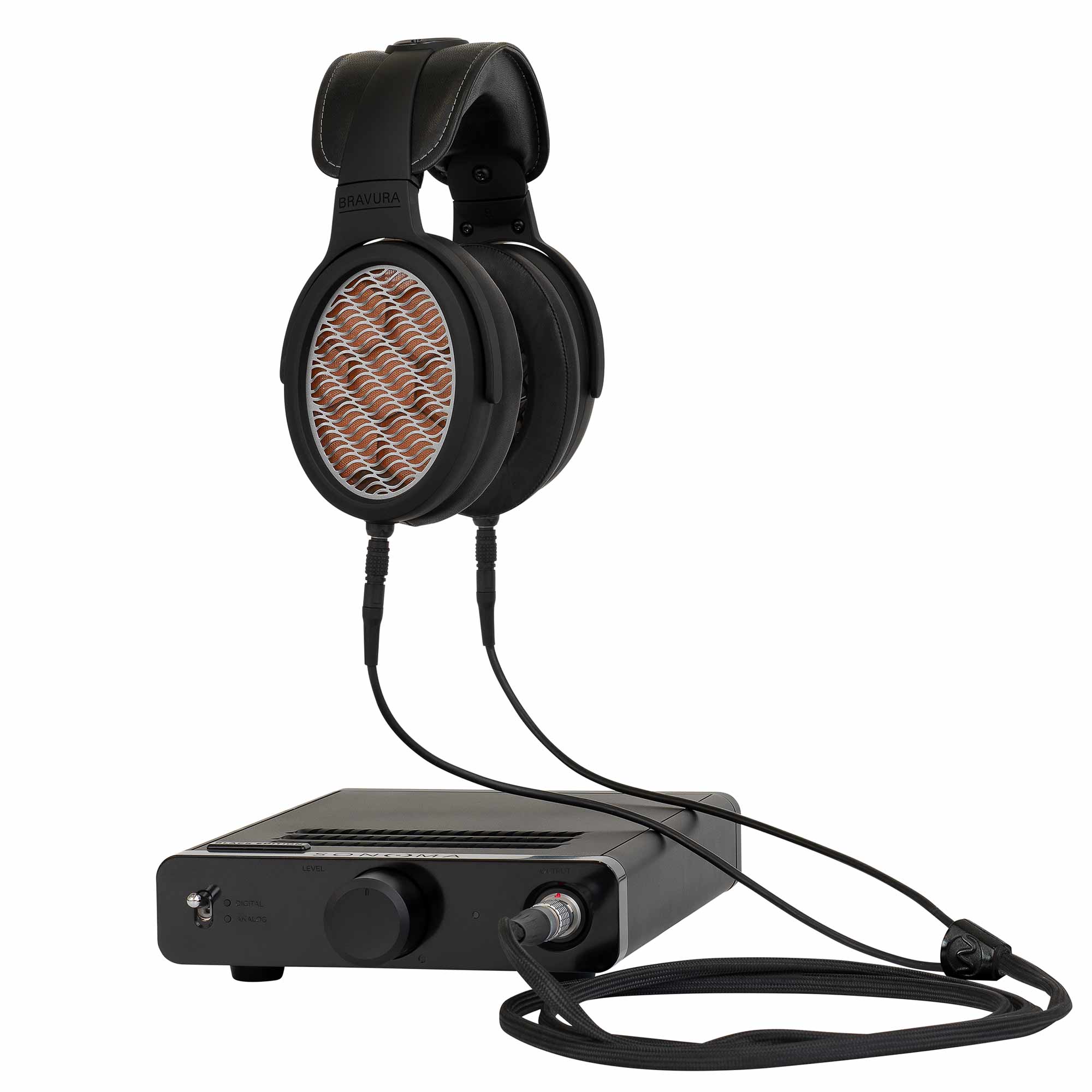 Warwick Acoustics BRAVURA Electrostatic Earspeaker System with connected amplifier on a white background