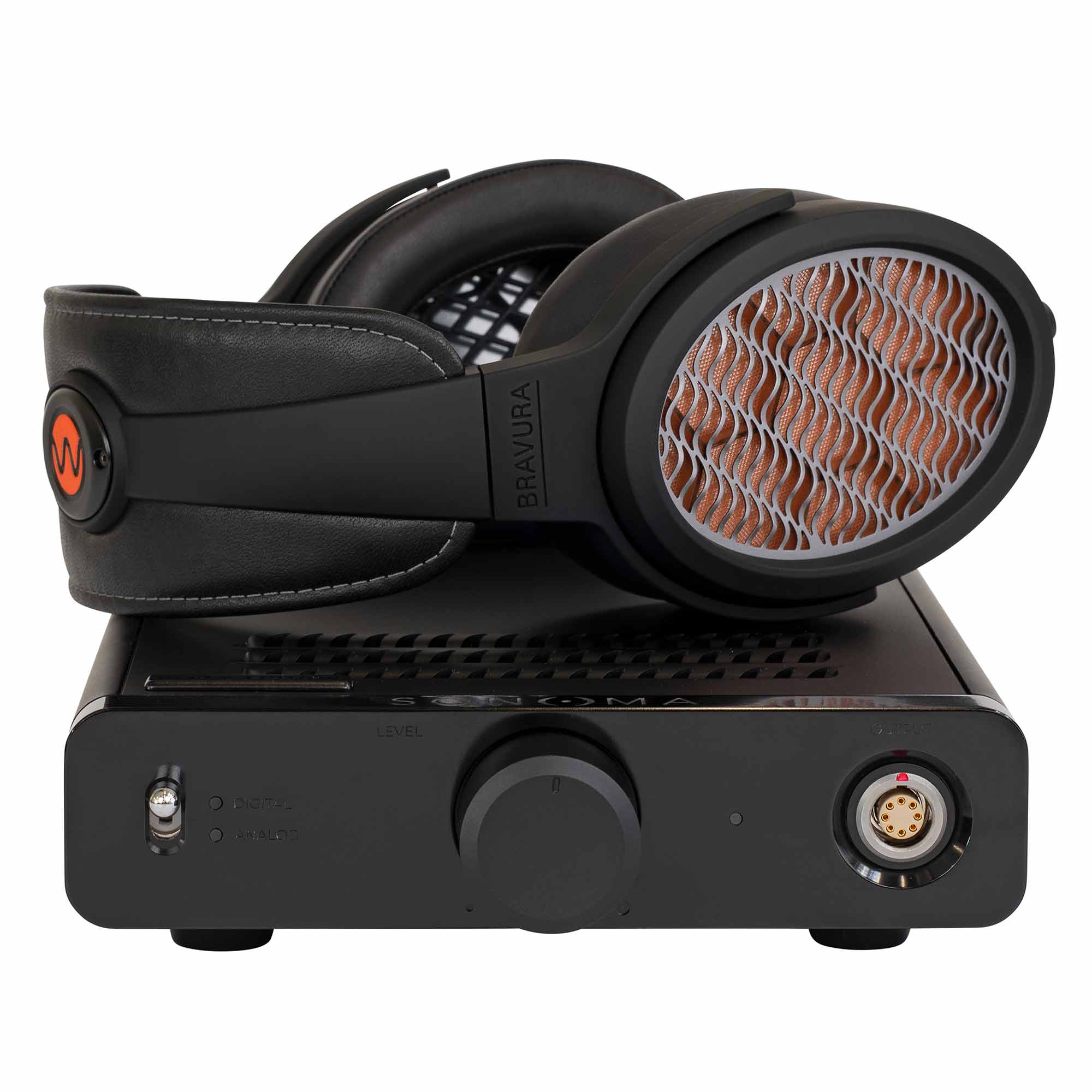 Warwick Acoustics BRAVURA Electrostatic Earspeaker System resting on its amplifier with detailed ear cups and leather headband