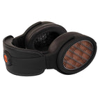 Warwick Acoustics BRAVURA Electrostatic Earspeaker System with black headband and detailed orange wave-patterned driver covers