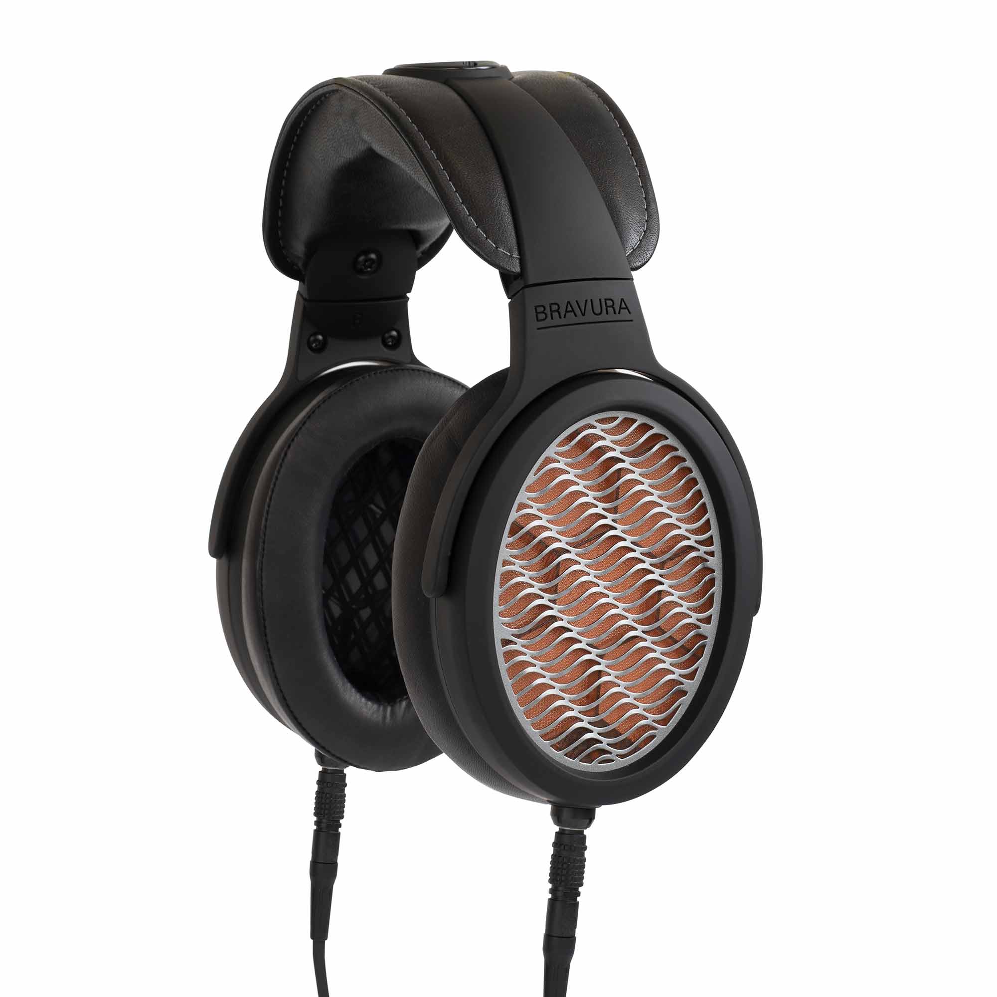 Warwick Acoustics BRAVURA Electrostatic Earspeaker System with black padded headband and distinctive patterned ear cups on white background