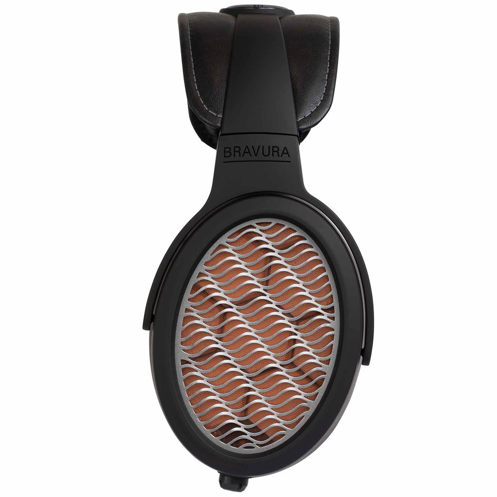 Close-up of the Warwick Acoustics BRAVURA Electrostatic Earspeaker System showing earcup with wave-pattern grille and leather headband