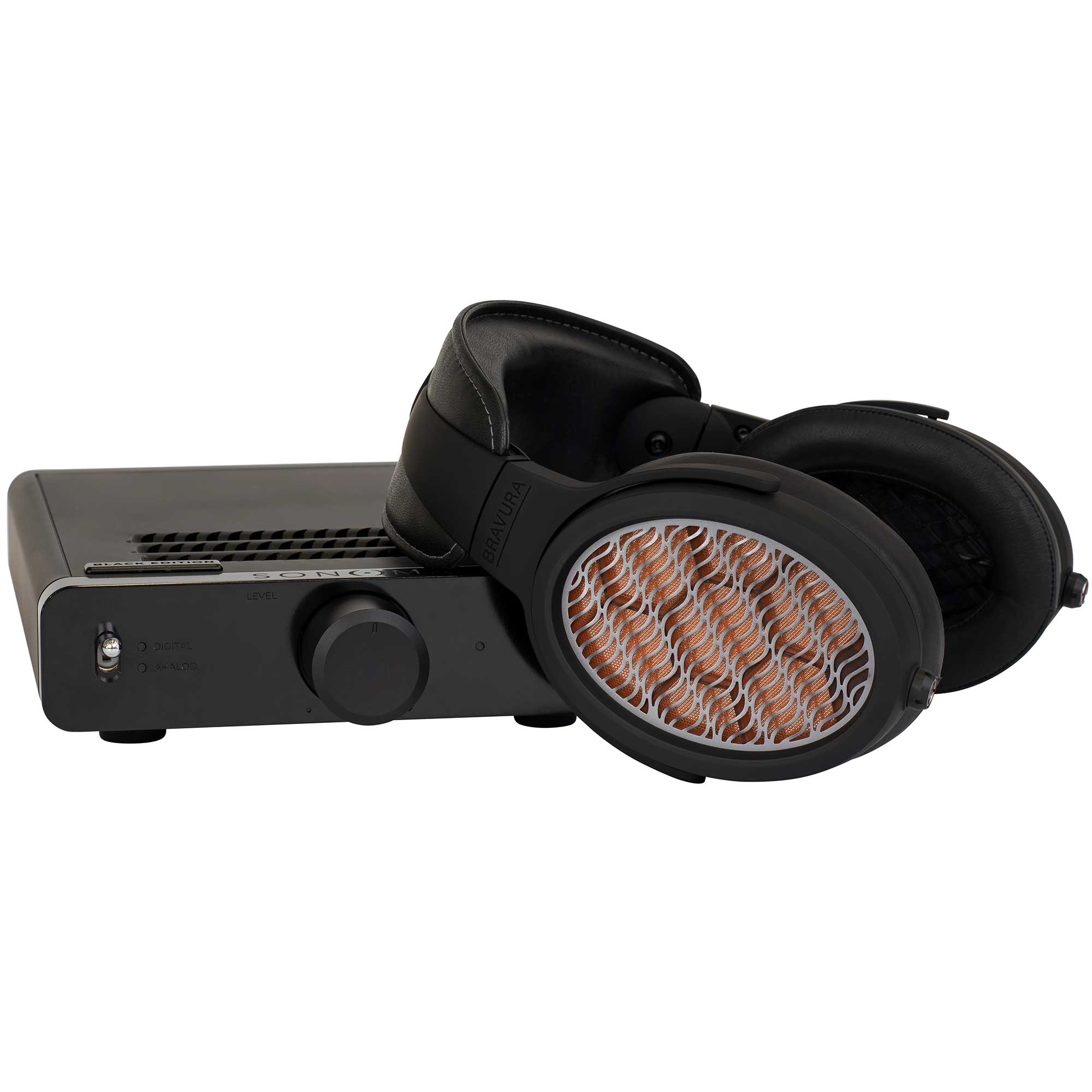 Warwick Acoustics BRAVURA Electrostatic Earspeaker System with open-back design resting on matching amplifier unit against white background