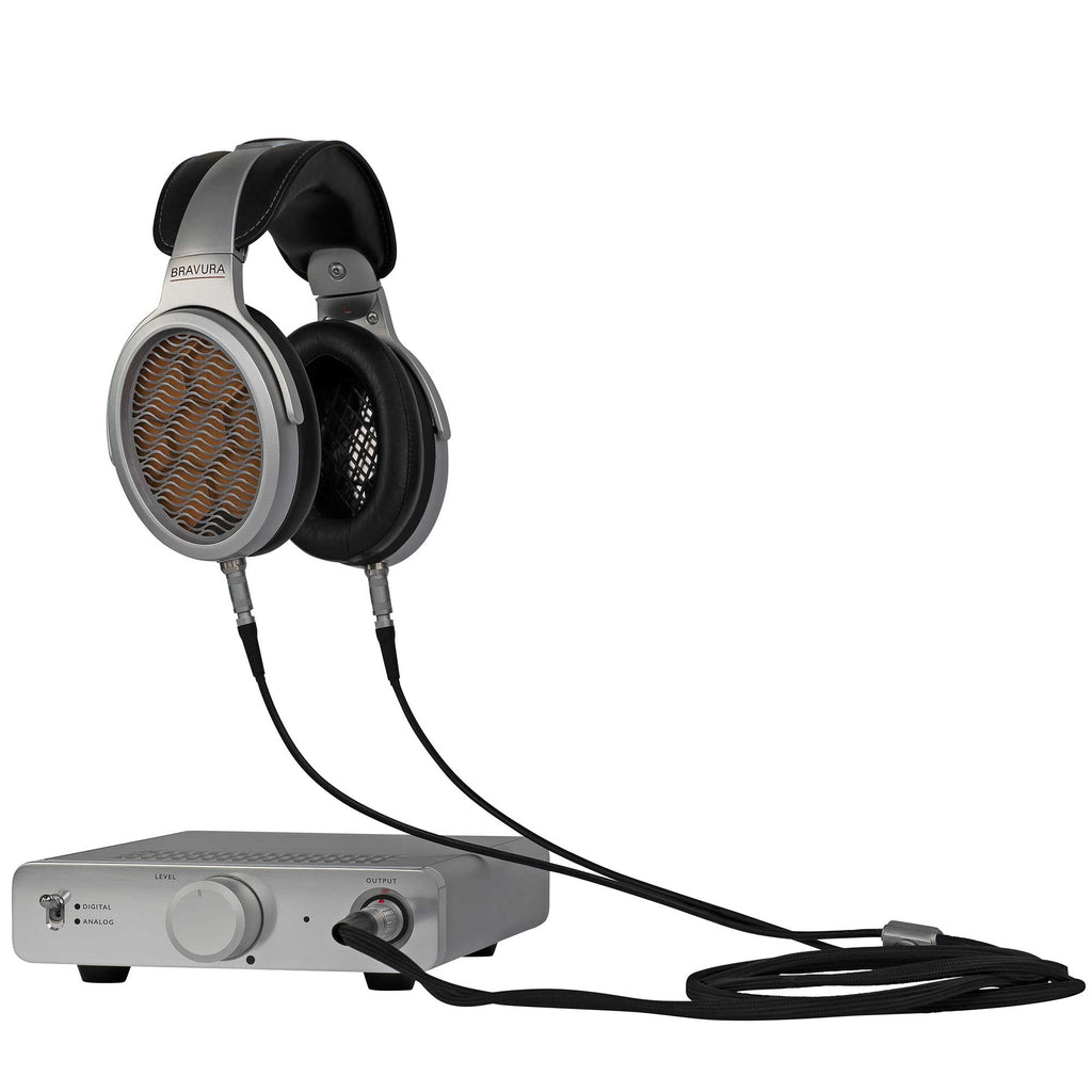 Warwick Acoustics BRAVURA Electrostatic Earspeaker System with open-back headphones connected to a silver amplifier on white background