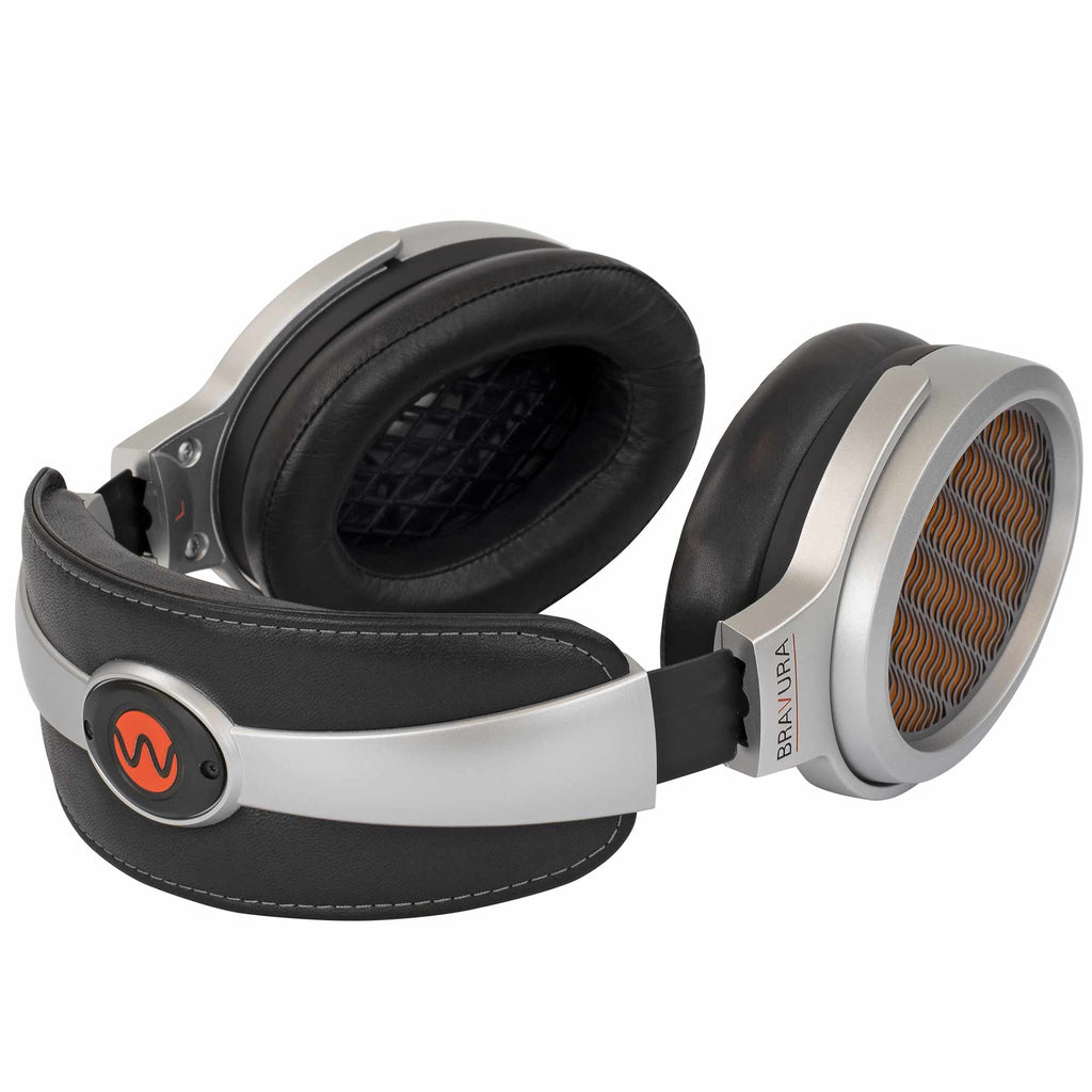 Warwick Acoustics BRAVURA Electrostatic Earspeaker System with silver frame and black cushioned ear pads on white background
