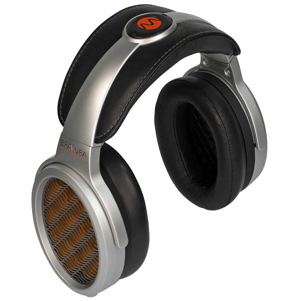 Warwick Acoustics BRAVURA Electrostatic Earspeaker System with silver frame and black padded ear cushions on white background