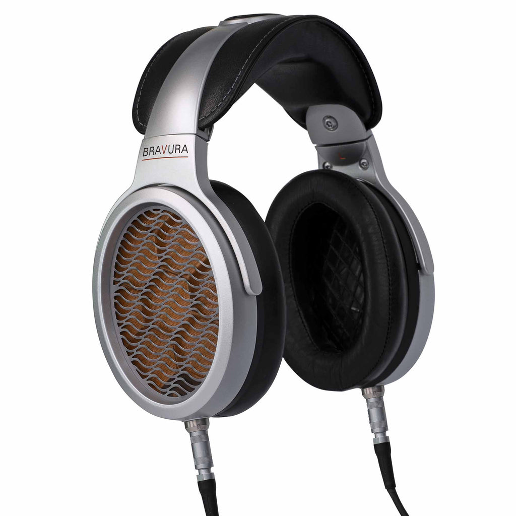 Warwick Acoustics BRAVURA Electrostatic Earspeaker System with silver frame and brown grille on black padded ear cups