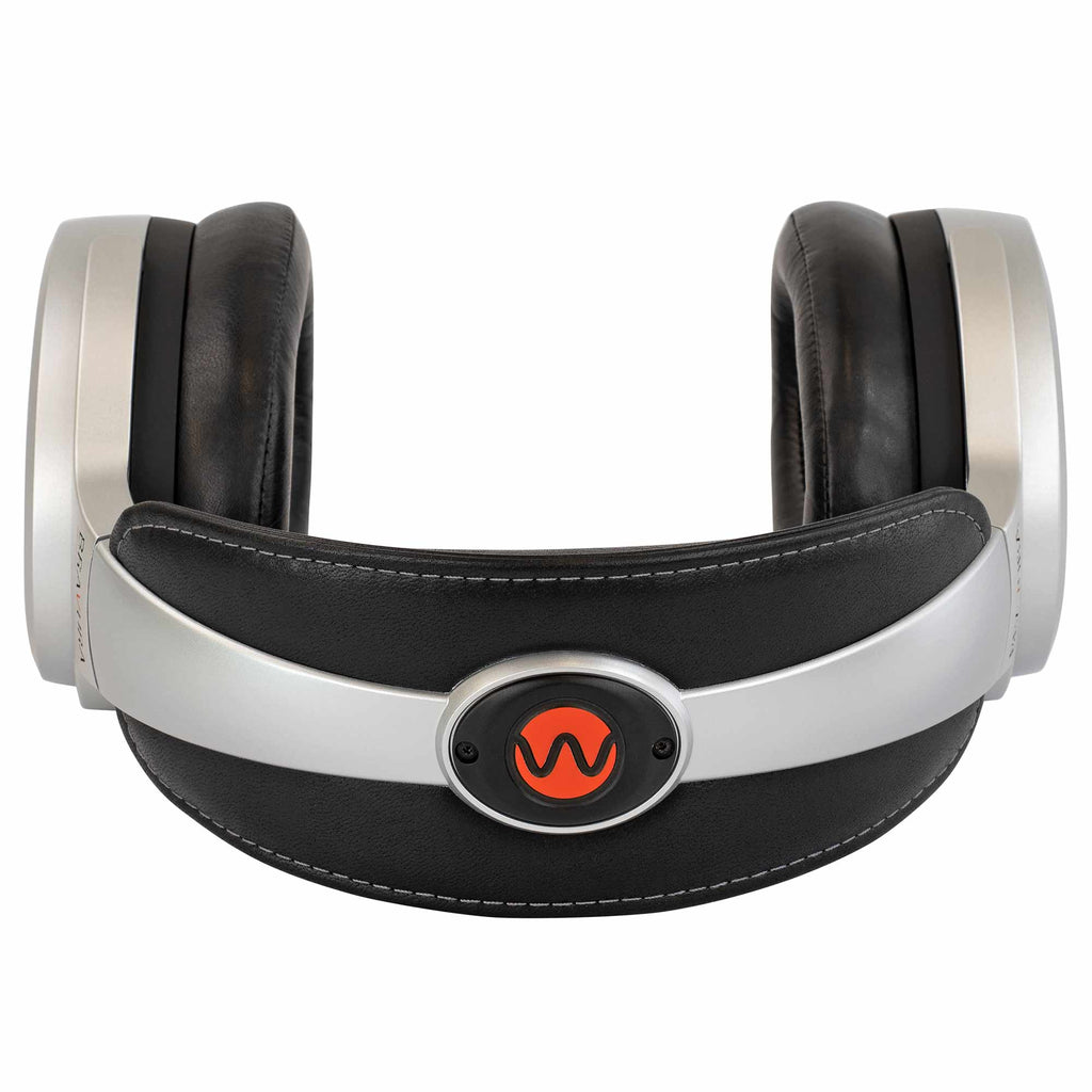 Top view of Warwick Acoustics BRAVURA Electrostatic Earspeaker System showing padded headband and silver ear cups on white background