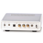 Rear view of the Warwick Acoustics BRAVURA Electrostatic Earspeaker System amplifier with multiple input connections on white background