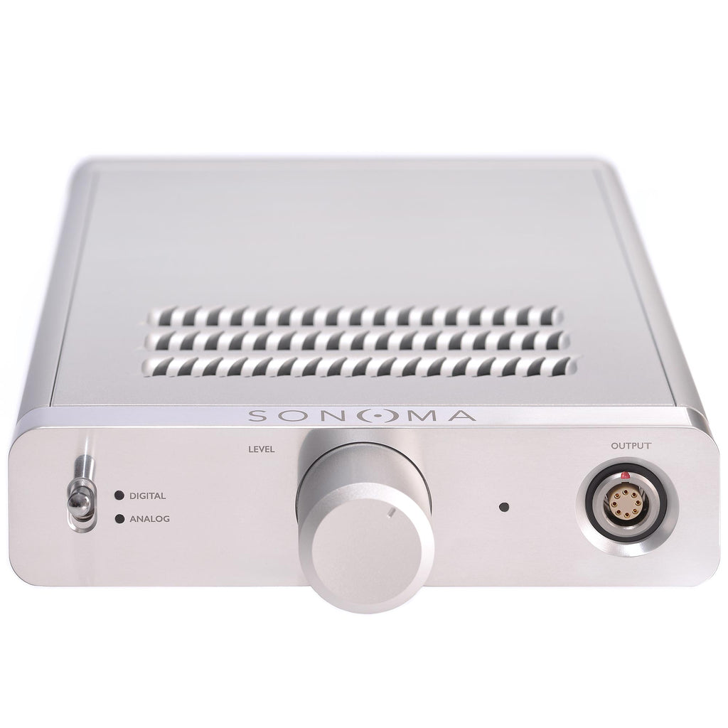 Front view of Warwick Acoustics BRAVURA Electrostatic Earspeaker System amplifier with volume knob and output connector
