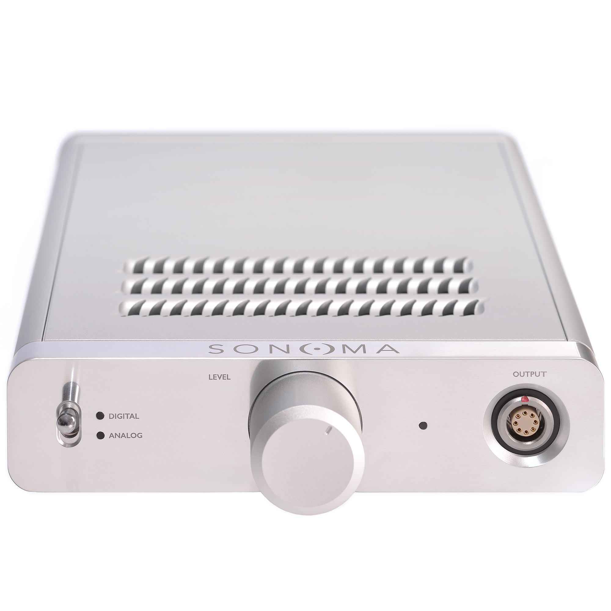 Front view of Warwick Acoustics BRAVURA Electrostatic Earspeaker System amplifier with volume knob and output connector