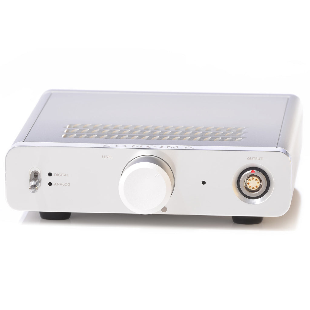 Front view of Warwick Acoustics BRAVURA Electrostatic Earspeaker System amplifier with control knob and output connector on white background