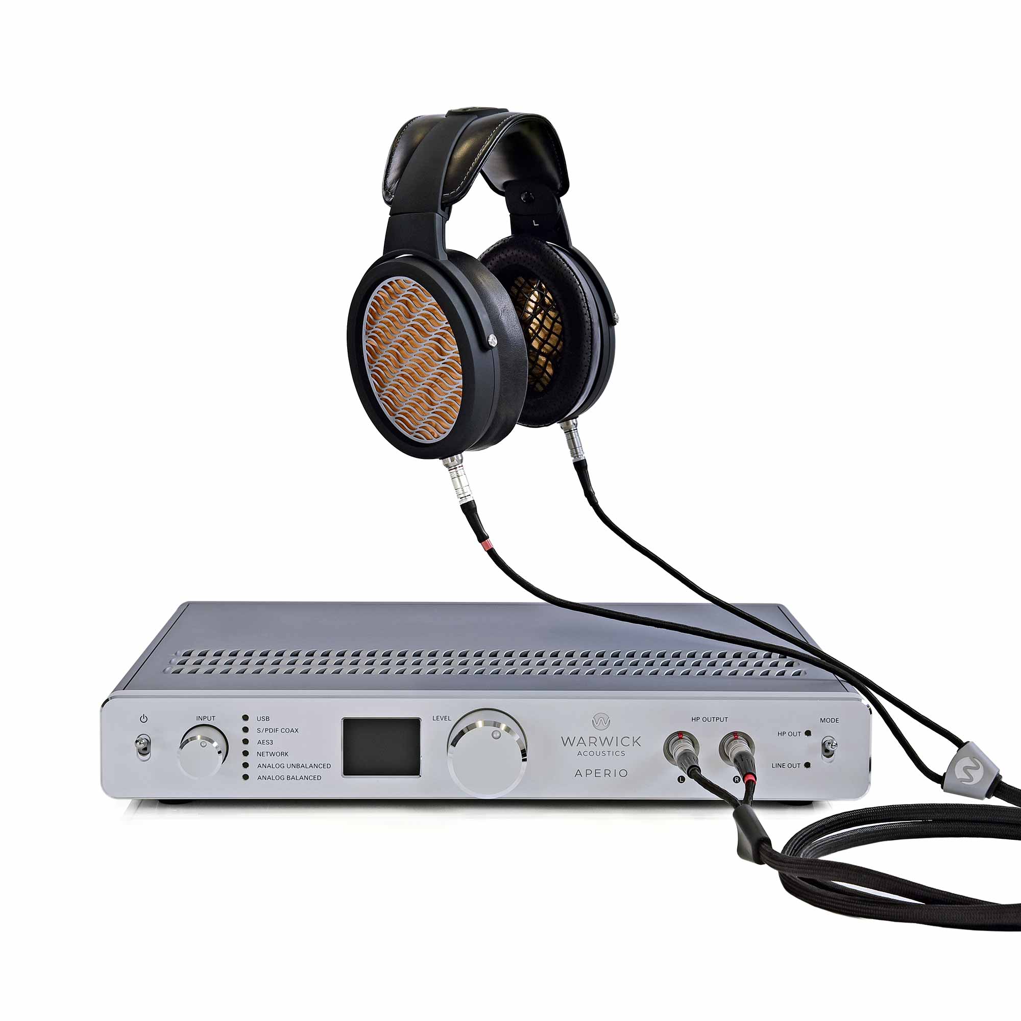 Warwick Acoustics APERIO Electrostatic Earspeaker System with silver amplifier and headphones on white background