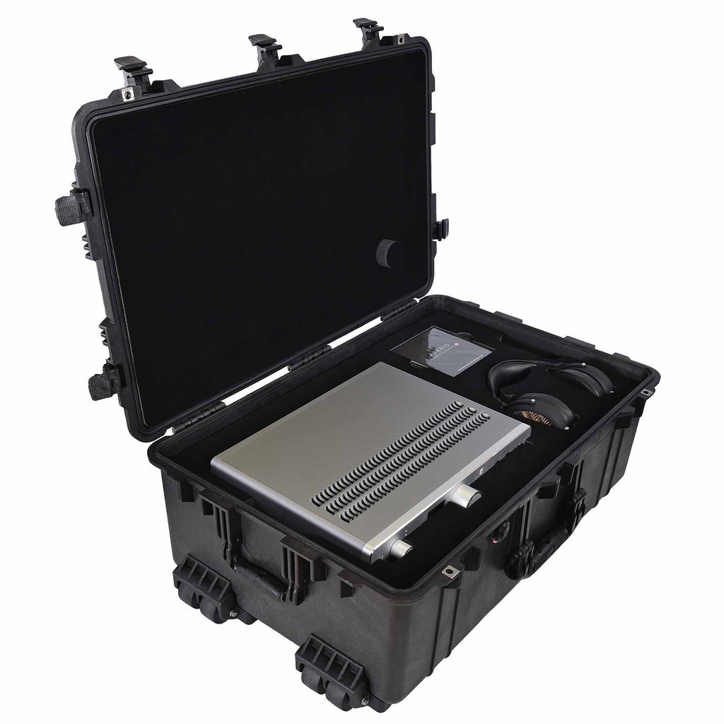 Hard case with Warwick Acoustics APERIO Electrostatic Earspeaker System components securely stored inside on white background