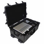 Hard case with Warwick Acoustics APERIO Electrostatic Earspeaker System components securely stored inside on white background