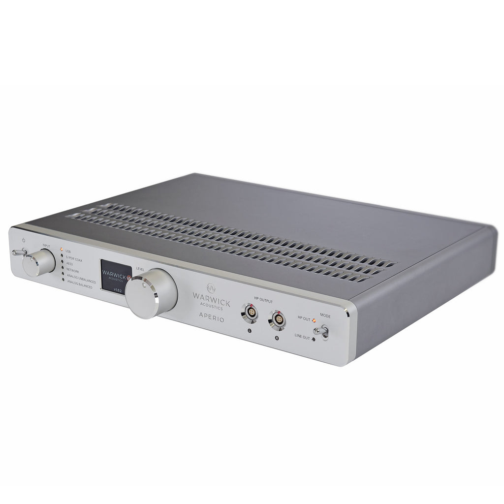 Warwick Acoustics APERIO Electrostatic Earspeaker System amplifier with silver front panel and control knobs on white background
