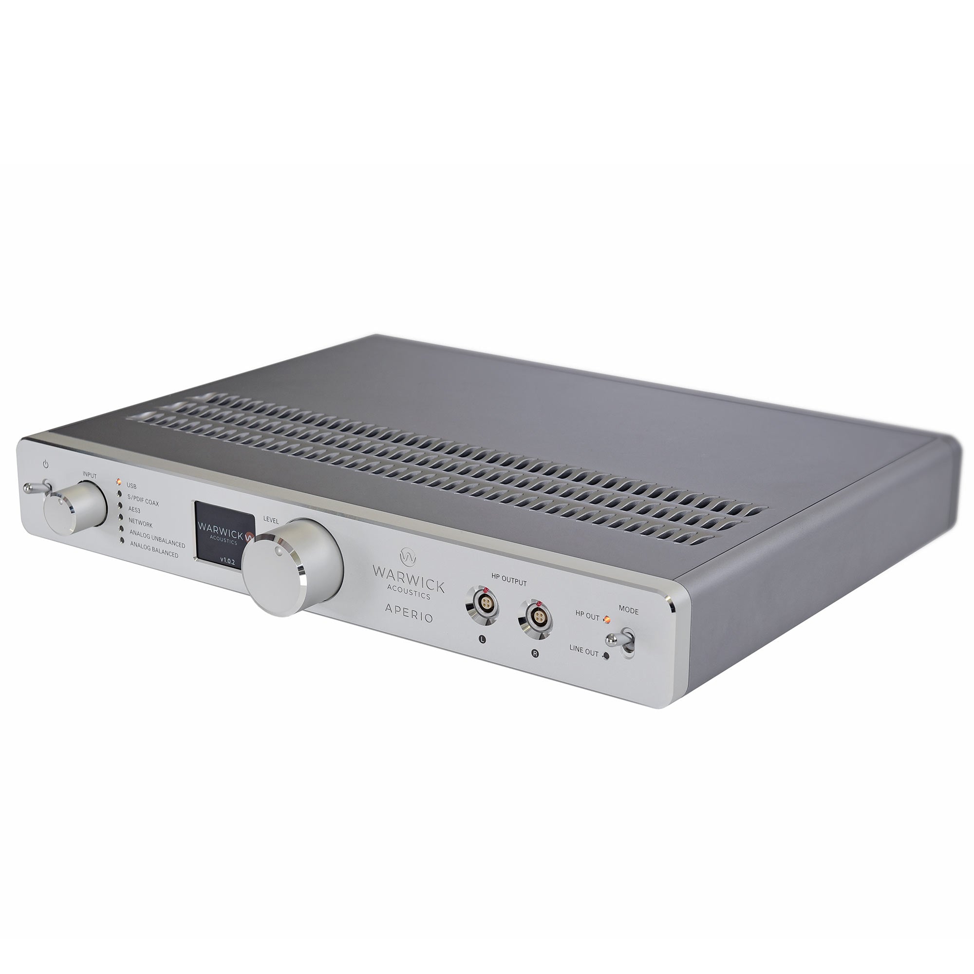 Warwick Acoustics APERIO Electrostatic Earspeaker System amplifier with silver front panel and control knobs on white background