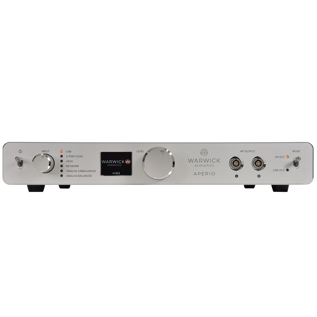 Front view of the Warwick Acoustics APERIO Electrostatic Earspeaker System amplifier with control knobs and input options