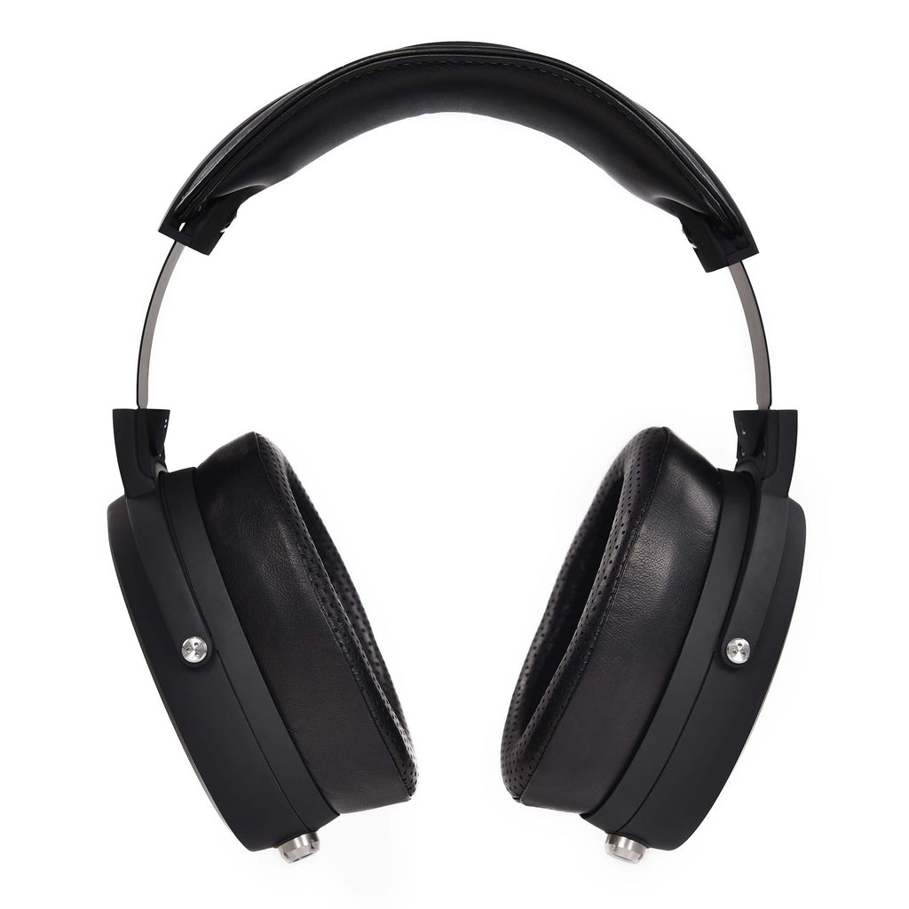 Warwick Acoustics APERIO Electrostatic Earspeaker System in black with leather ear pads and metal headband on white background