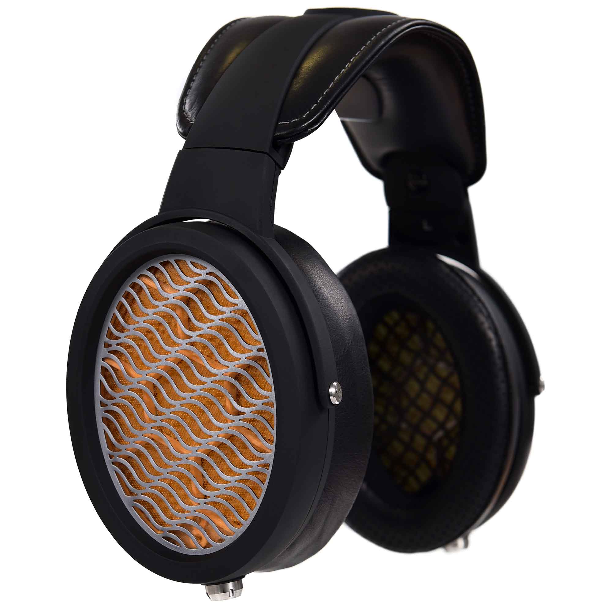 Warwick Acoustics APERIO Electrostatic Earspeaker System with black frame and wave-patterned golden grille close-up view