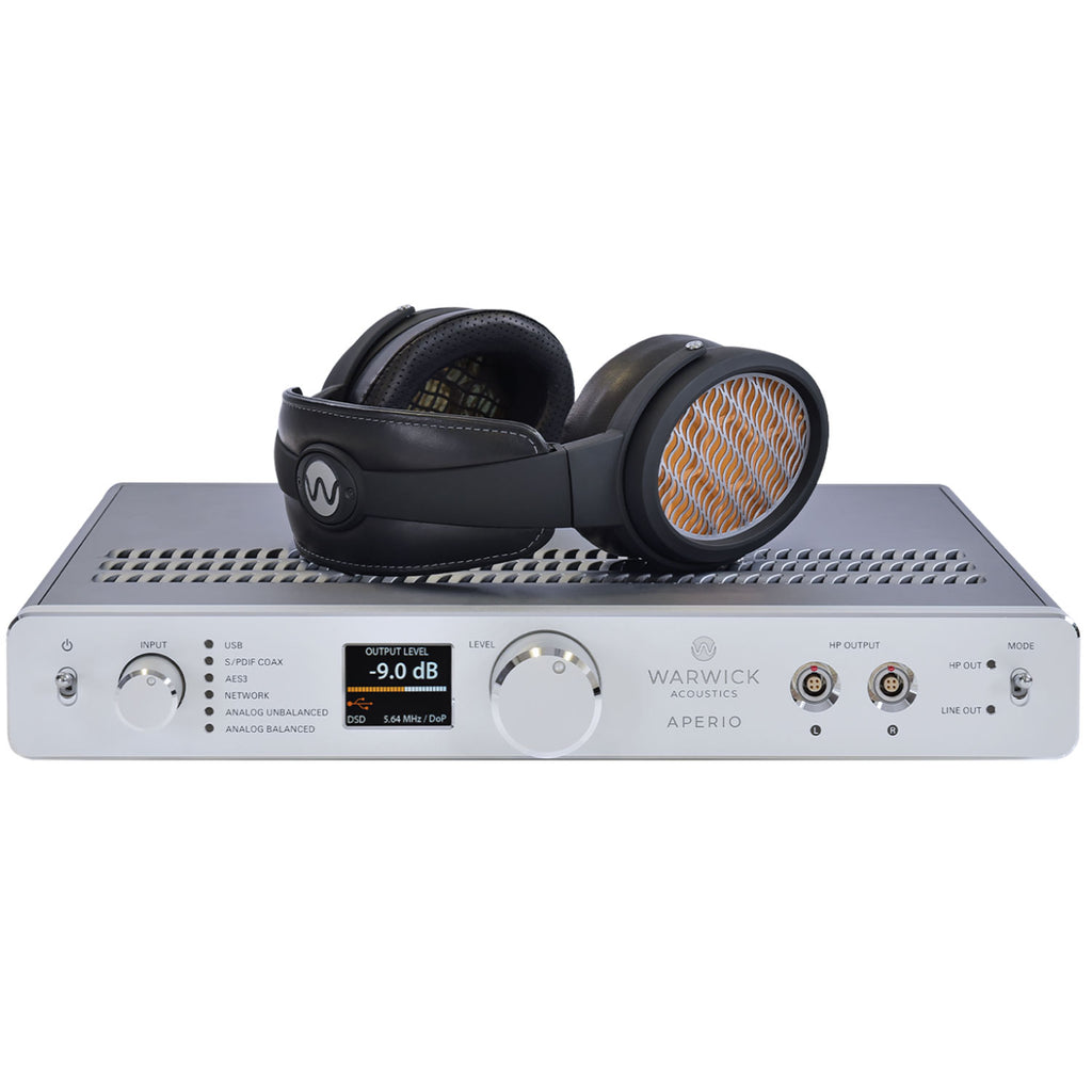 Warwick Acoustics APERIO Electrostatic Earspeaker System with headphones resting on silver amplifier unit on white background