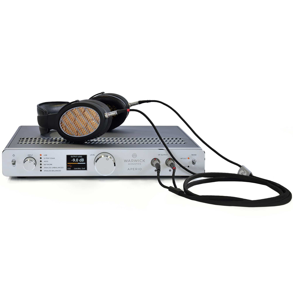 Warwick Acoustics APERIO Electrostatic Earspeaker System with amplifier and connected open-back headphones on white background