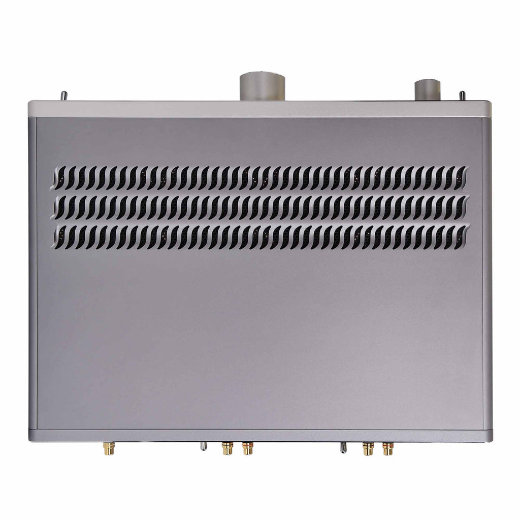 Top view of the Warwick Acoustics APERIO Electrostatic Earspeaker System amplifier with ventilation grilles and control knobs visible