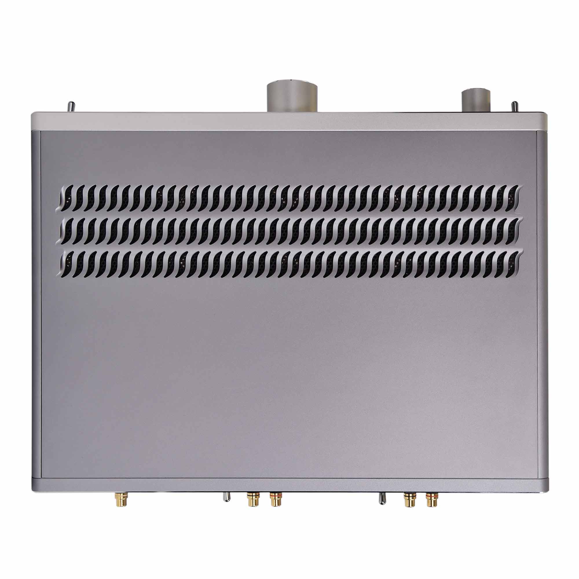 Top view of the Warwick Acoustics APERIO Electrostatic Earspeaker System amplifier with ventilation grilles and control knobs visible