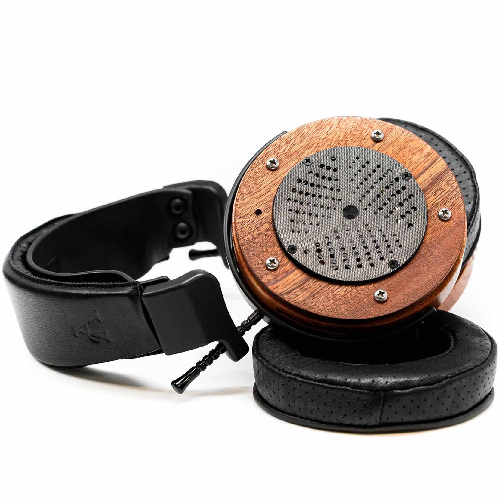 ZMF Atrium 2024 Open-Back with Magnesium Upgrade (Pre-Owned) headphones with wooden ear cups and black padded headband on white background