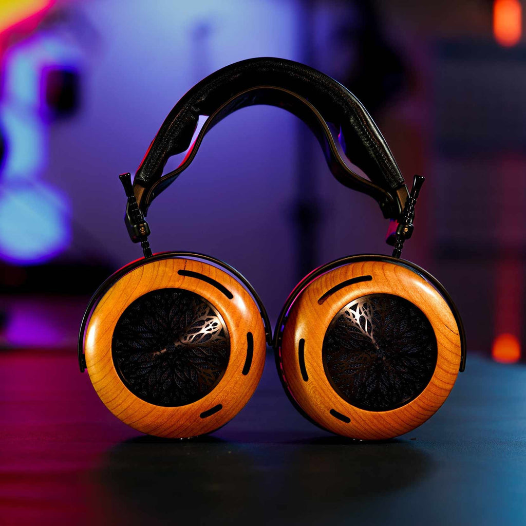 ZMF Atrium 2024 Open-Back with Magnesium Upgrade (Pre-Owned) wooden ear cups with black leather headband on dark surface